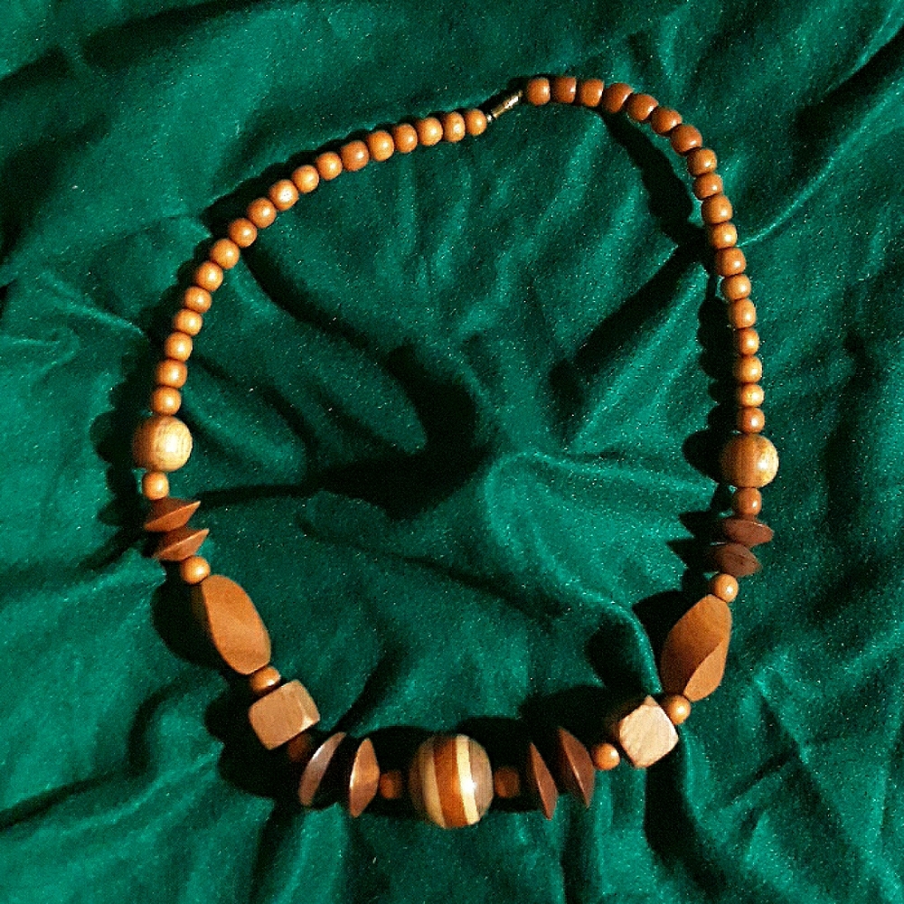 Vintage 70s  Wood Bead and Block Necklace
